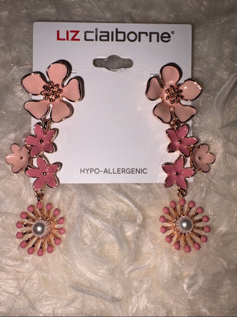 Liz Claiborne Pink Enamel Floral Drop Earrings with Pearl Accents